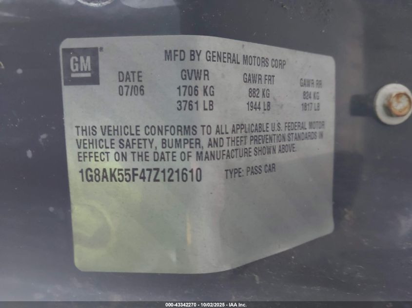 2007 Saturn Ion 3 VIN: 1G8AK55F47Z121610 Lot: 43342270