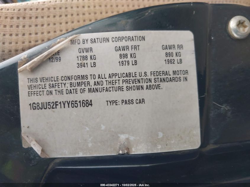 2000 Saturn Ls1 VIN: 1G8JU52F1YY651684 Lot: 43342271