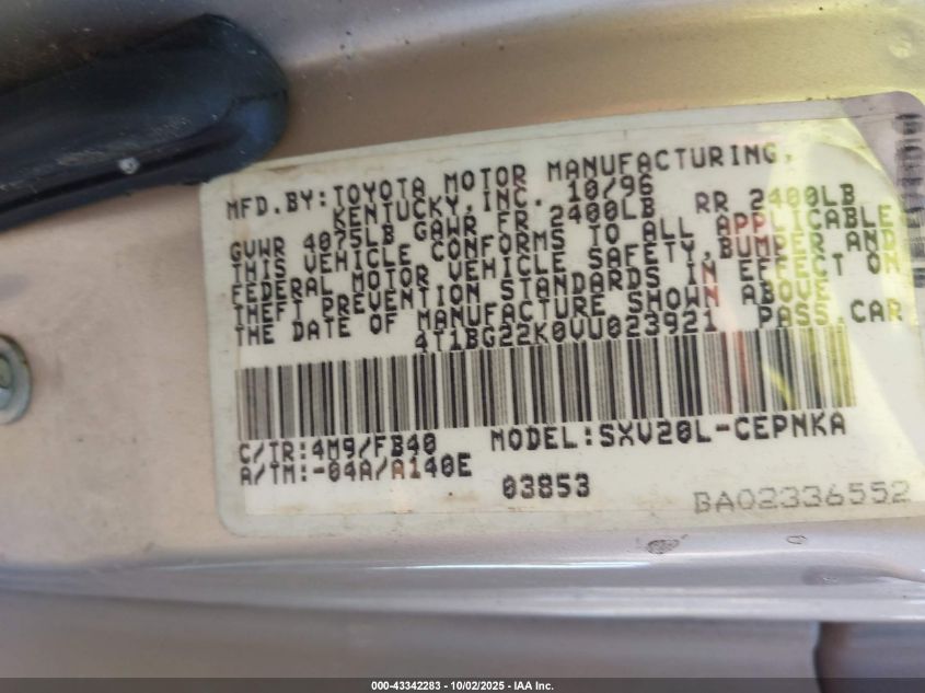 1997 Toyota Camry Le VIN: 4T1BG22K0VU023921 Lot: 43342283