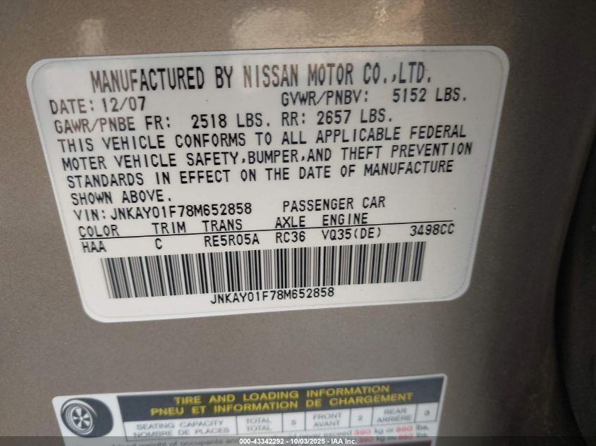 2008 Infiniti M35X VIN: JNKAY01F78M652858 Lot: 43342292