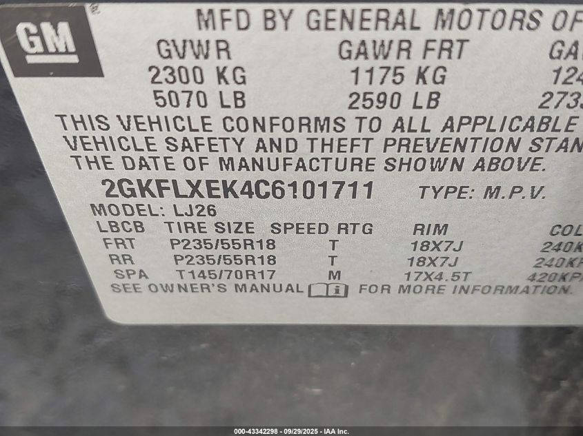 2012 GMC Terrain Slt-2 VIN: 2GKFLXEK4C6101711 Lot: 43342298