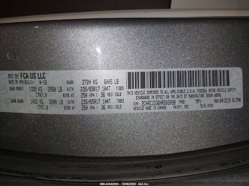 2017 Chrysler Pacifica Touring VIN: 2C4RC1DG6HR502038 Lot: 43342303