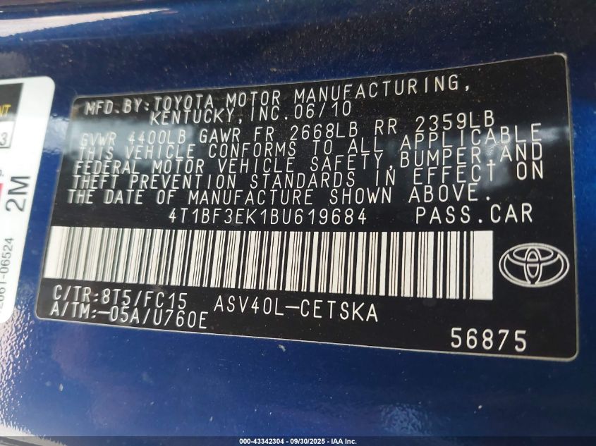 2011 Toyota Camry Se VIN: 4T1BF3EK1BU619684 Lot: 43342304