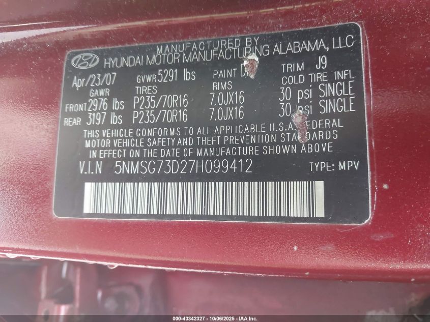 2007 Hyundai Santa Fe Gls VIN: 5NMSG73D27H099412 Lot: 43342327