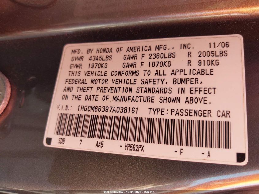 2007 Honda Accord 3.0 Lx VIN: 1HGCM66397A038161 Lot: 43342342