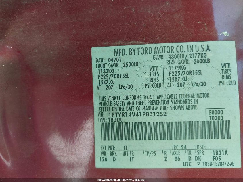 2001 Ford Ranger Edge/Xl/Xlt VIN: 1FTYR14V41PB31252 Lot: 43342350