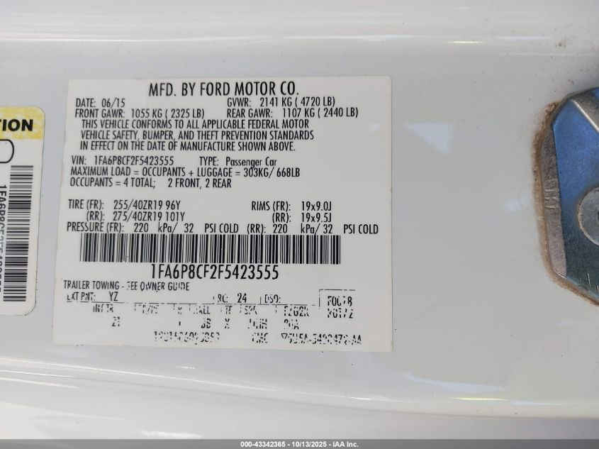 2015 Ford Mustang Gt VIN: 1FA6P8CF2F5423555 Lot: 43342365