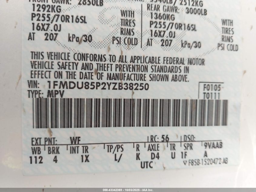 2000 Ford Explorer Limited VIN: 1FMDU85P2YZB38250 Lot: 43342369