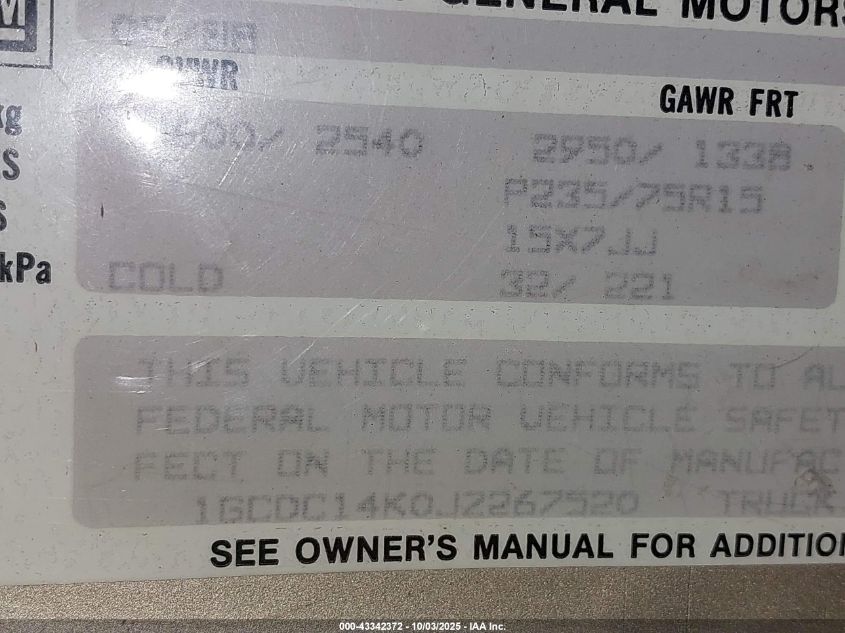 1988 Chevrolet Gmt-400 C1500 VIN: 1GCDC14K0JZ267520 Lot: 43342372