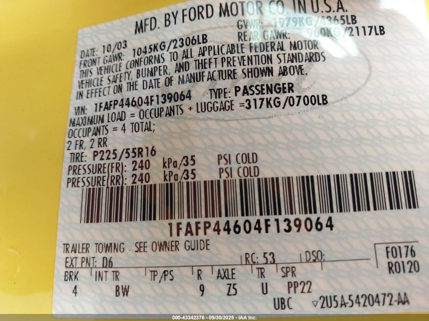 2004 Ford Mustang VIN: 1FAFP44604F139064 Lot: 43342376
