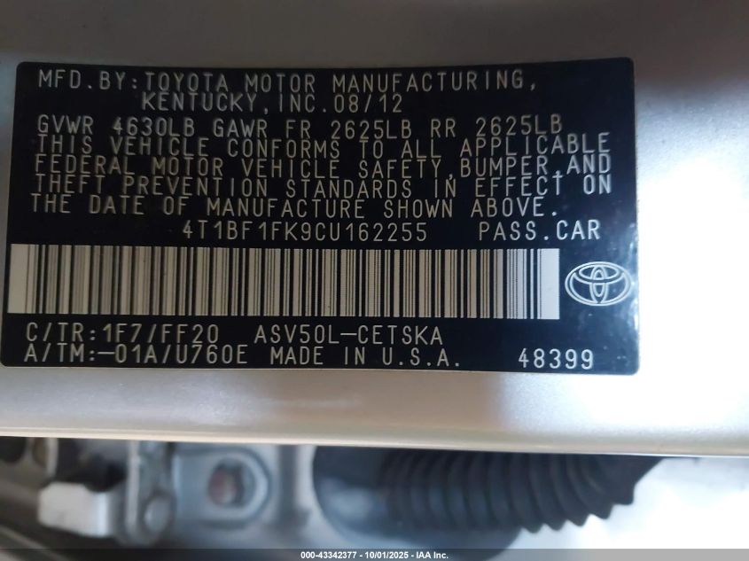 2012 Toyota Camry Se VIN: 4T1BF1FK9CU162255 Lot: 43342377