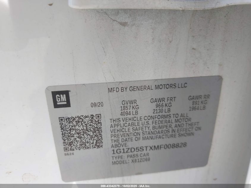 2021 Chevrolet Malibu Fwd Lt VIN: 1G1ZD5STXMF008828 Lot: 43342379