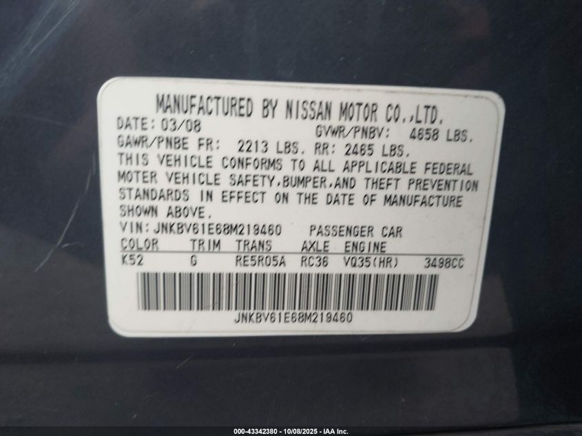 2008 Infiniti G35 Journey VIN: JNKBV61E68M219460 Lot: 43342380