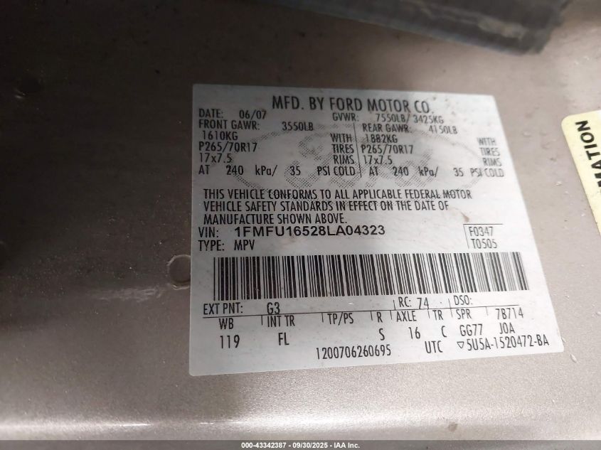 2008 Ford Expedition Xlt VIN: 1FMFU16528LA04323 Lot: 43342387