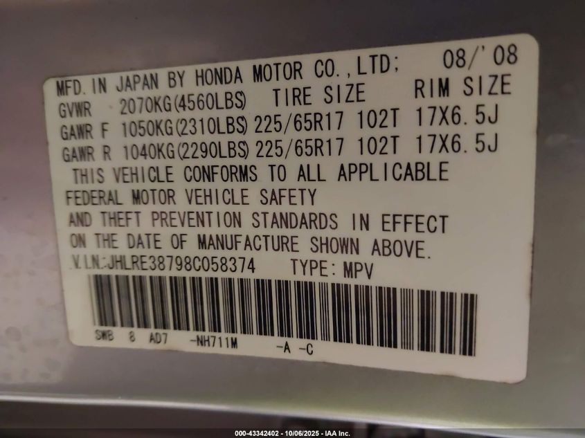 2008 Honda Cr-V Ex-L VIN: JHLRE38798C058374 Lot: 43342402