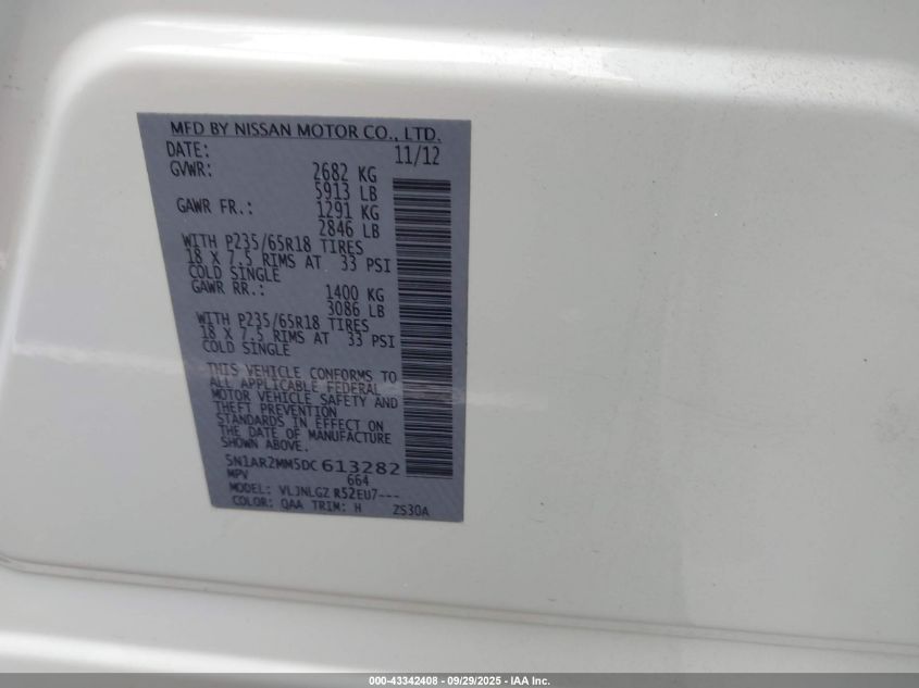 2013 Nissan Pathfinder Sl VIN: 5N1AR2MM5DC613282 Lot: 43342408