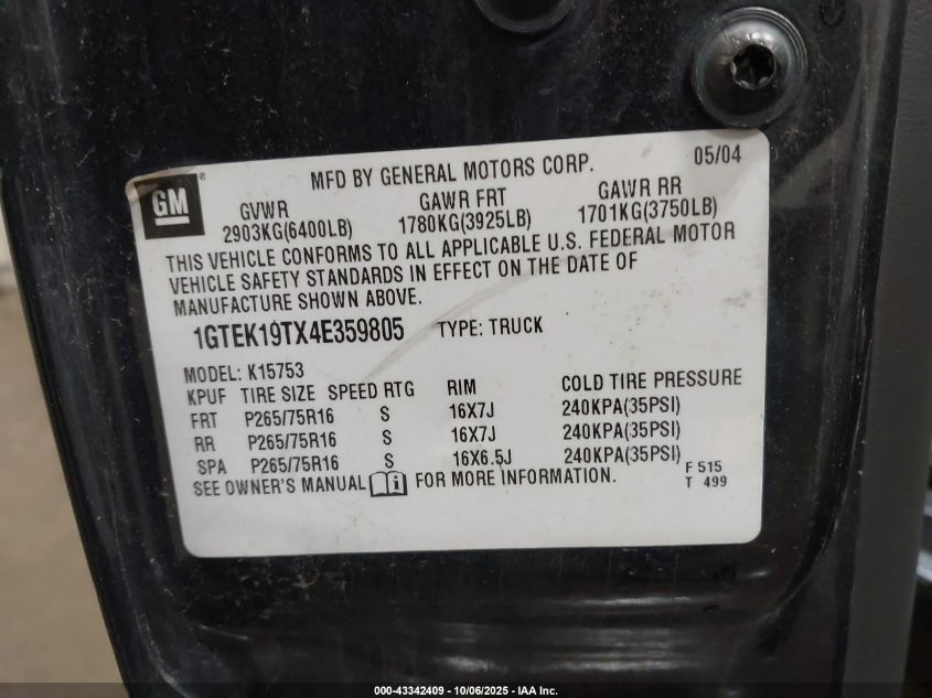 2004 GMC Sierra 1500 Sle VIN: 1GTEK19TX4E359805 Lot: 43342409