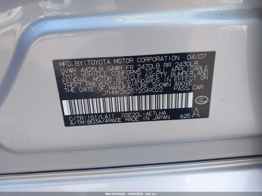 2007 Lexus Is 250 VIN: JTHBK262572049022 Lot: 43342426