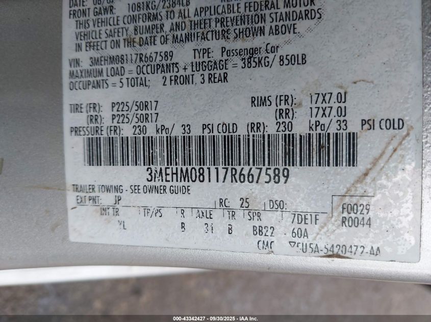 2007 Mercury Milan V6 Premier VIN: 3MEHM08117R667589 Lot: 43342427