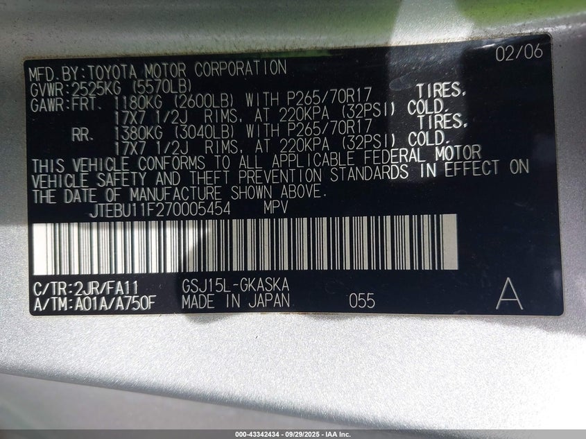 2007 Toyota Fj Cruiser VIN: JTEBU11F270005454 Lot: 43342434