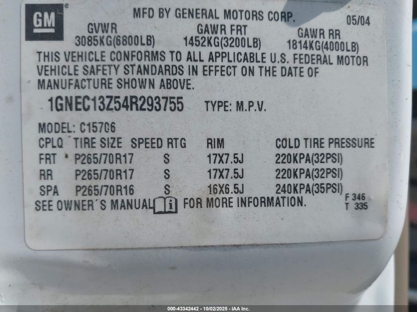 2004 Chevrolet Tahoe Lt VIN: 1GNEC13Z54R293755 Lot: 43342442