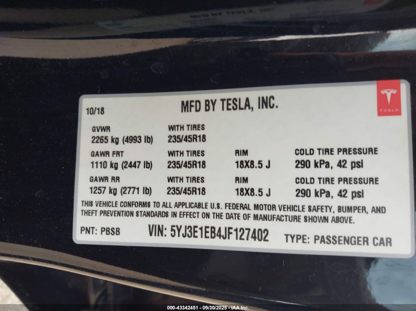 2018 Tesla Model 3 Long Range/Performance VIN: 5YJ3E1EB4JF127402 Lot: 43342451