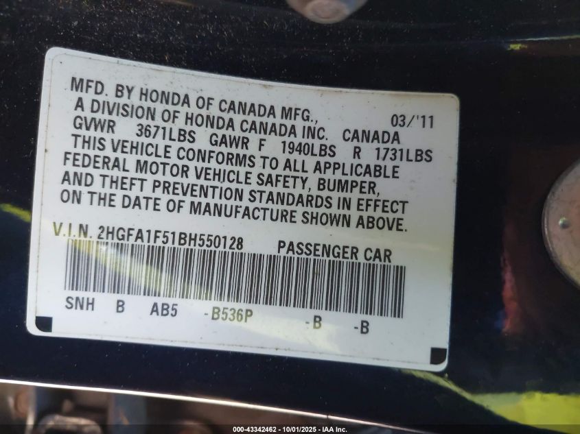 2011 Honda Civic Lx VIN: 2HGFA1F51BH550128 Lot: 43342462