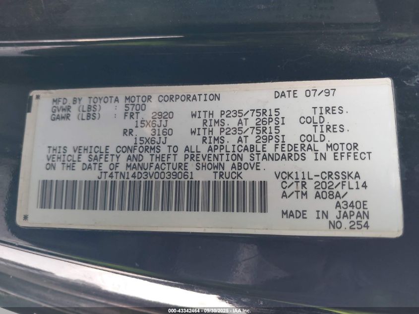 1997 Toyota T100 Sr5 V6 VIN: JT4TN14D3V0039061 Lot: 43342464