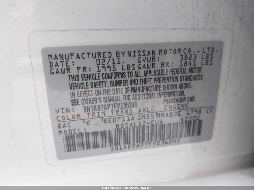 2015 Nissan Sentra Sv VIN: 3N1AB7AP7FY236245 Lot: 43342470