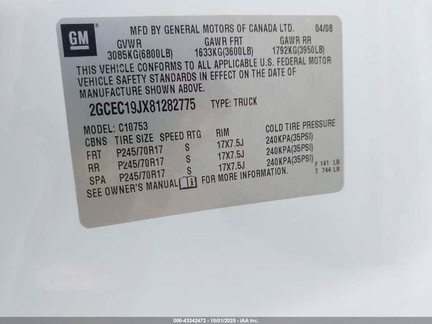 2008 Chevrolet Silverado 1500 Lt1 VIN: 2GCEC19JX81282775 Lot: 43342473