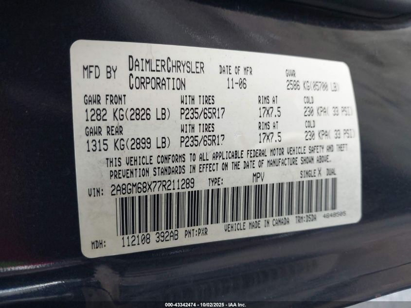 2007 Chrysler Pacifica Touring VIN: 2A8GM68X77R211289 Lot: 43342474