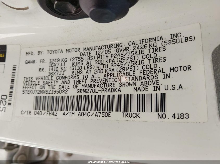 2006 Toyota Tacoma Prerunner V6 VIN: 5TEKU72NX6Z195032 Lot: 43342475