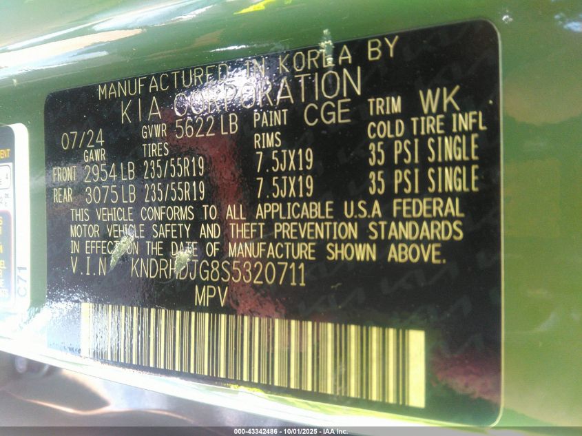 2025 Kia Sorento Hybrid Ex VIN: KNDRHDJG8S5320711 Lot: 43342486