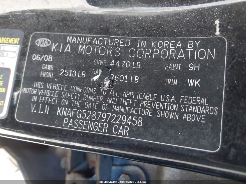 2009 Kia Rondo Lx VIN: KNAFG528797229458 Lot: 43342493