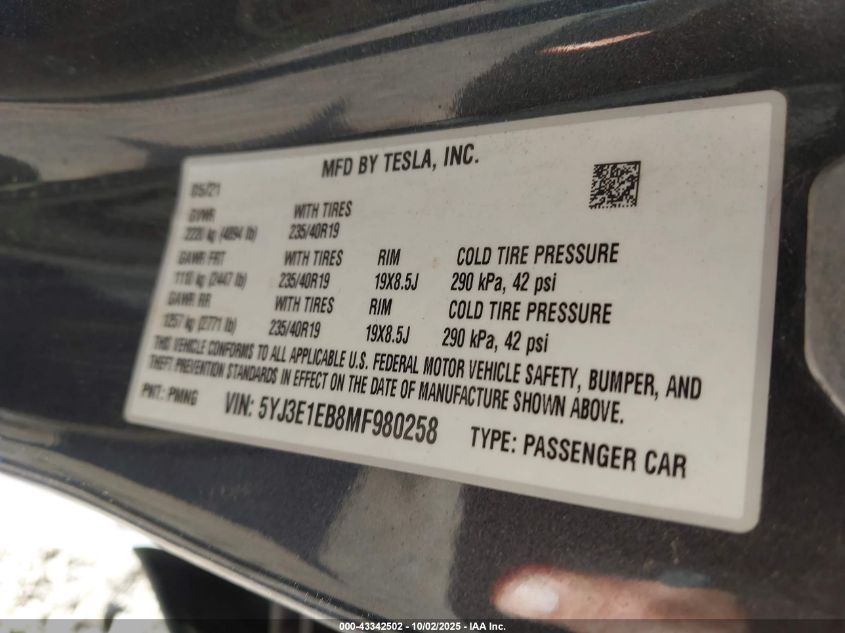 2021 Tesla Model 3 Long Range Dual Motor All-Wheel Drive VIN: 5YJ3E1EB8MF980258 Lot: 43342502