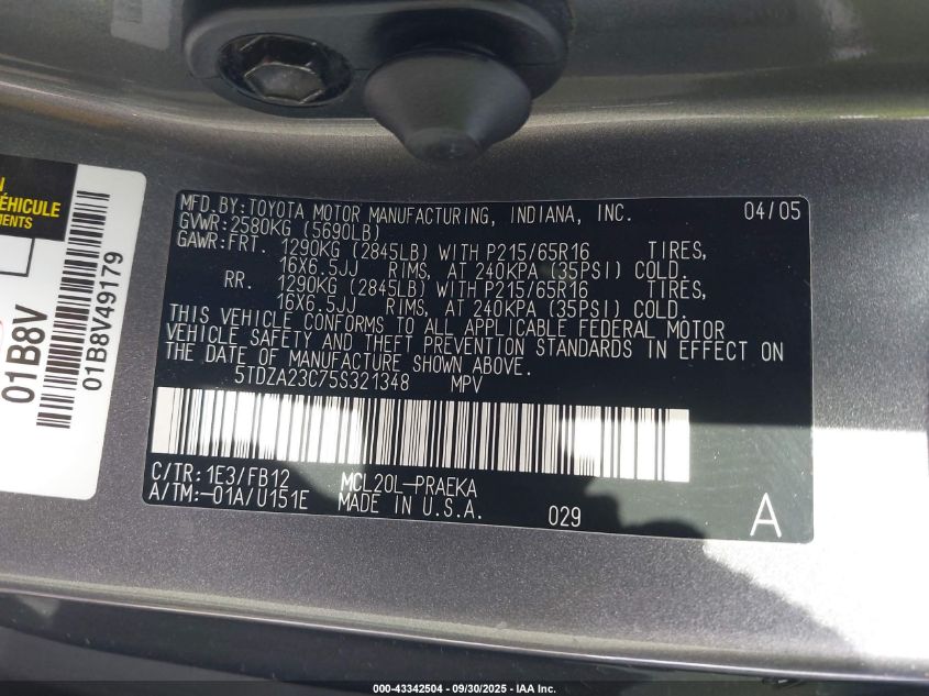 2005 Toyota Sienna Le VIN: 5TDZA23C75S321348 Lot: 43342504