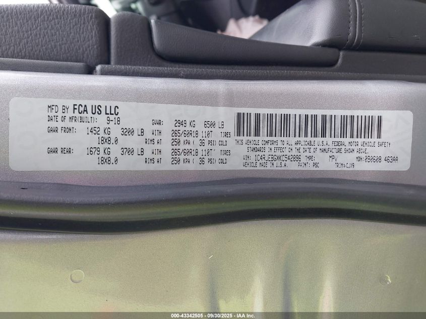 2019 Jeep Grand Cherokee Limited 4X2 VIN: 1C4RJEBGXKC542896 Lot: 43342505