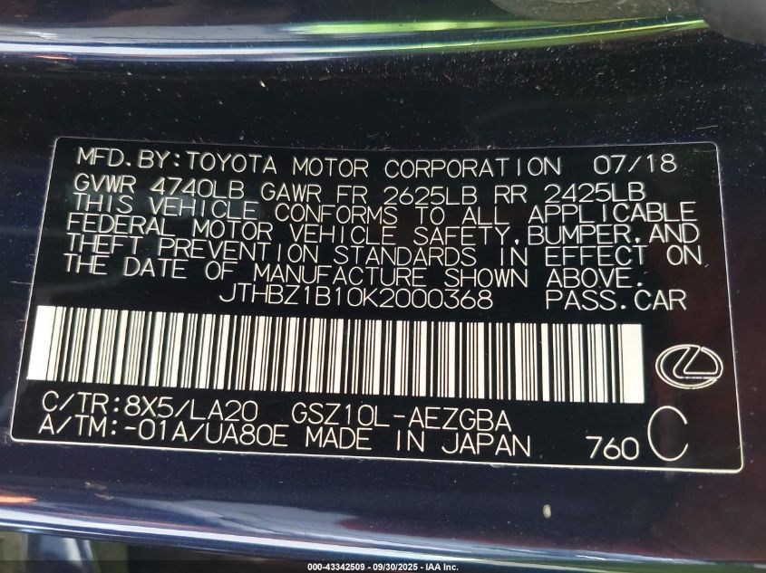 2019 Lexus Es 350 VIN: JTHBZ1B10K2000368 Lot: 43342509