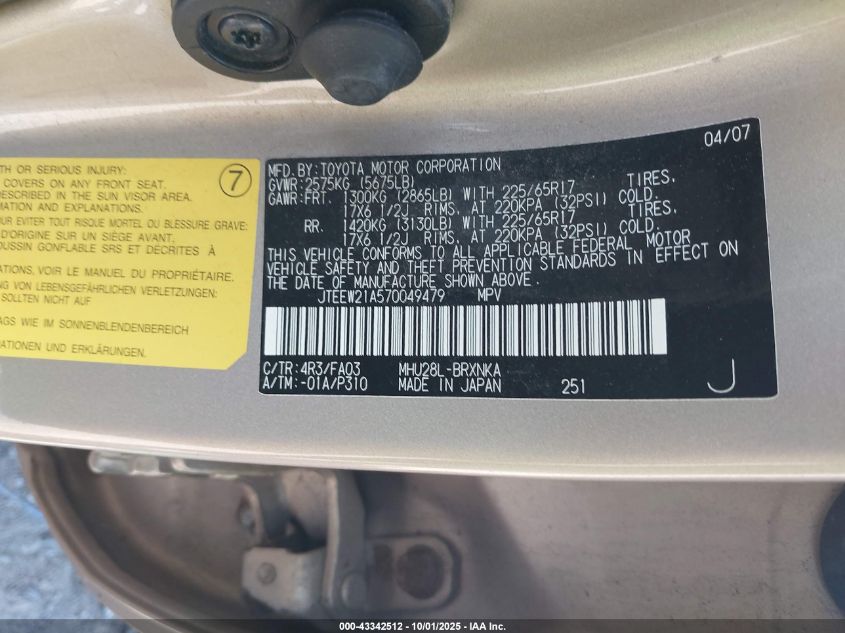 2007 Toyota Highlander Hybrid V6 VIN: JTEEW21A570049479 Lot: 43342512