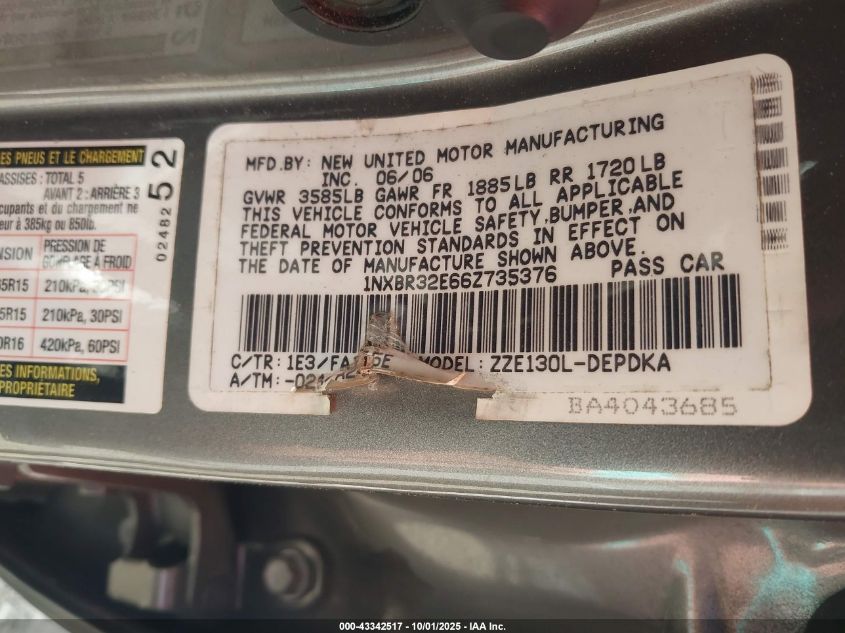 2006 Toyota Corolla Ce VIN: 1NXBR32E66Z735376 Lot: 43342517