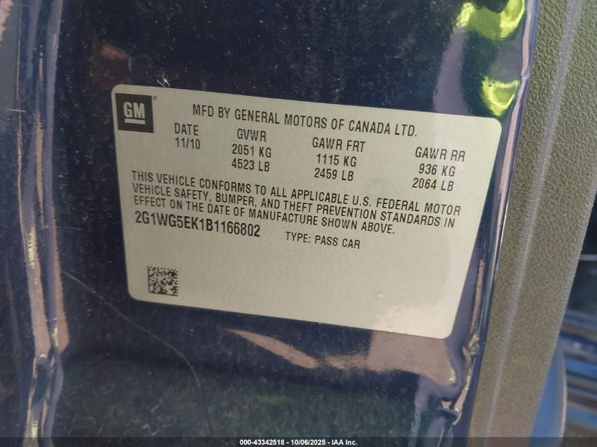2011 Chevrolet Impala VIN: 2G1WG5ER1B1166802 Lot: 43342518