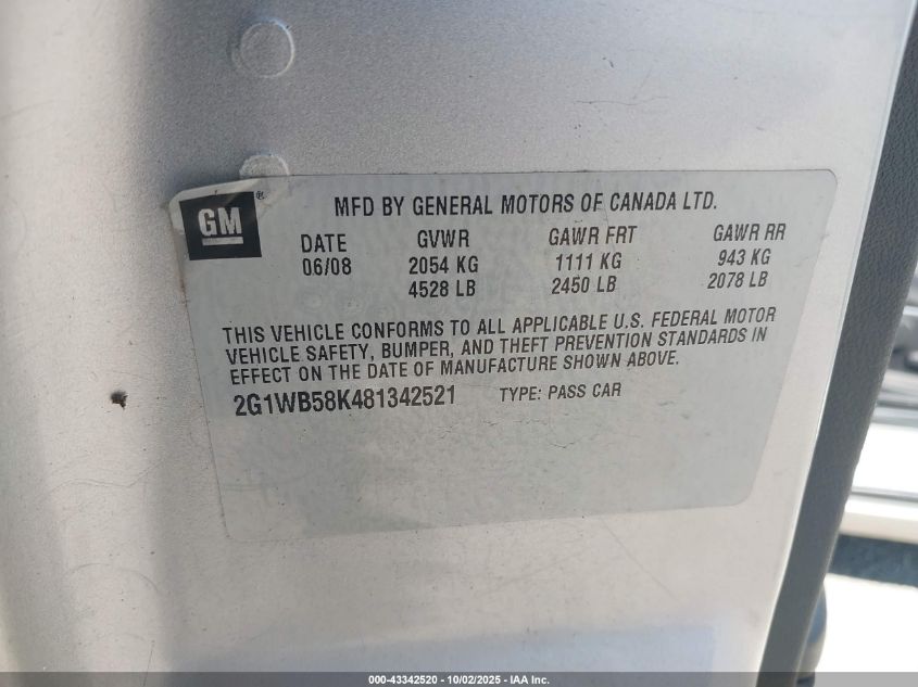 2008 Chevrolet Impala Ls VIN: 2G1WB58K481342521 Lot: 43342520