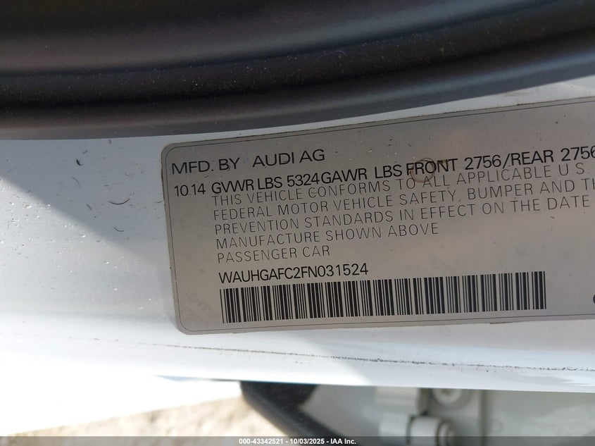 2015 AUDI A6 3.0T PREMIUM PLUS WAUHGAFC2FN031524