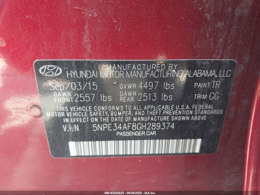 2016 Hyundai Sonata Sport VIN: 5NPE34AF8GH289374 Lot: 43342525