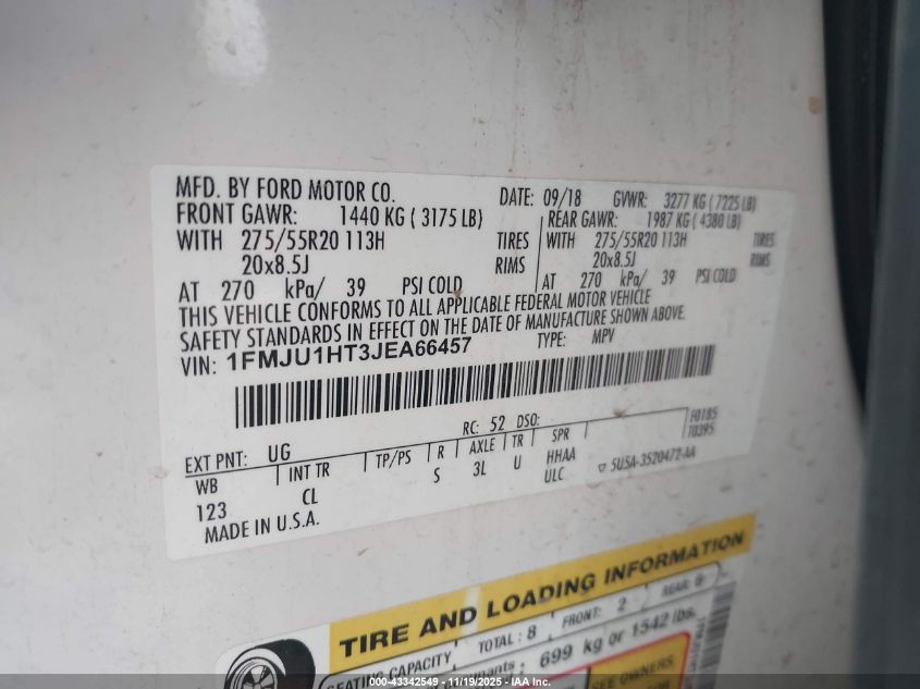 2018 Ford Expedition Xlt VIN: 1FMJU1HT3JEA66457 Lot: 43342549