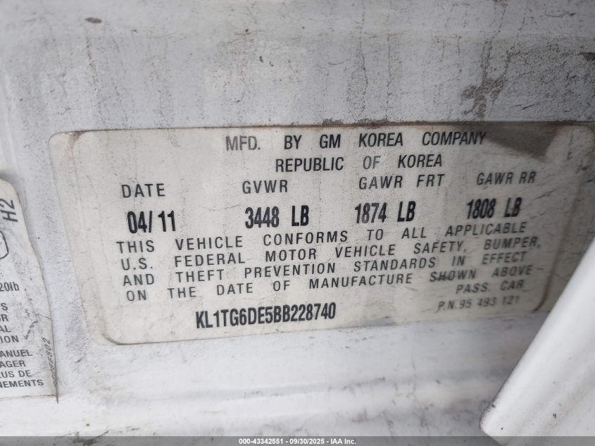2011 Chevrolet Aveo 2Lt VIN: KL1TG6DE5BB228740 Lot: 43342551