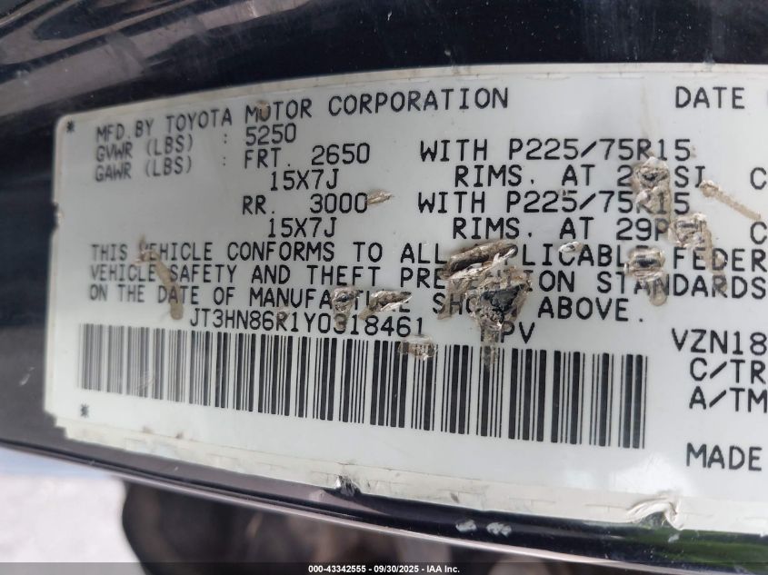 2000 Toyota 4Runner Sr5 V6 VIN: JT3HN86R1Y0318461 Lot: 43342555