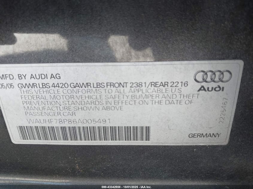 2006 Audi A3 2.0T VIN: WAUHF78P86A005491 Lot: 43342558