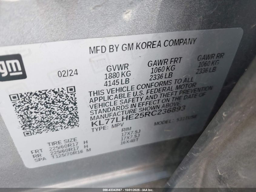 2024 Chevrolet Trax Fwd Lt VIN: KL77LHE25RC236893 Lot: 43342567