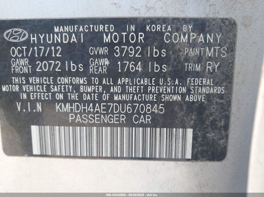 2013 Hyundai Elantra Limited VIN: KMHDH4AE7DU670845 Lot: 43342569